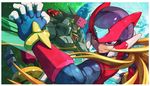  blonde_hair blue_eyes capcom craft_(rockman) dutch_angle energy_sword facial_mark fighting_stance fingerless_gloves frown gloves glowing green_hair helmet long_hair looking_back male_focus multiple_boys nakayama_tooru official_art ponytail robot rockman rockman_zero rockman_zero_4 short_hair spiked_hair sword very_long_hair weapon zero_(rockman) 