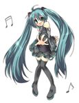  beamed_sixteenth_notes blue_hair dancing hatsune_miku long_hair musical_note retei simple_background sixteenth_note skirt solo thighhighs twintails vocaloid white_background zettai_ryouiki 