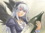  black_wings bottle collarbone detached_collar frills glasses gothic_lolita hairband holding juliet_sleeves kamatori_pokari lolita_fashion long_hair long_sleeves looking_at_viewer oversized_object pink_eyes puffy_sleeves rozen_maiden silver_hair smile solo suigintou wings 