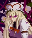  blonde_hair flower fuoco hat long_hair petals purple_eyes ribbon solo touhou yakumo_yukari 