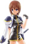  40010prototype blue_eyes brown_hair gloves hair_ornament lyrical_nanoha mahou_shoujo_lyrical_nanoha_strikers short_hair solo x_hair_ornament yagami_hayate 