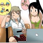  apple_inc. black_star breasts computer death_the_kid drawing_tablet elizabeth_thompson fujoshi highres kakkii laptop large_breasts macintosh maka_albarn multiple_girls nakatsukasa_tsubaki patricia_thompson plaid plaid_skirt ponytail product_placement relationshipping skirt soul_eater soul_eater_(character) twintails 