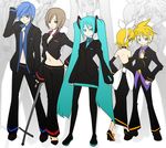  3girls aqua_hair brother_and_sister everyone formal hatsune_miku jacket kagamine_len kagamine_rin kaito meiko multiple_boys multiple_girls pant_suit pantyhose pupps siblings skirt_suit suit twins twintails vocaloid 