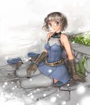  brown_eyes brown_hair garex gloves human_(lineage_2) lineage lineage_2 short_hair sitting sleeveless smile solo thighhighs 