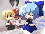  alternate_hairstyle blonde_hair blue_hair bow chibi cirno hair_ribbon hat head_out_of_frame karaoke multiple_girls mystia_lorelei oka_(bananashoe) ponytail ribbon rumia team_9 touhou wings wriggle_nightbug 