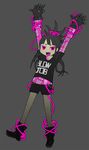 abe_tomomi bad_id bad_pixiv_id black_hair copyright_request fang long_hair neon_trim patterned pink pink_eyes shorts solo 