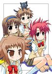  animal bow bowtie brown_eyes brown_hair cat deed_(nanoha) dieci_(nanoha) kneehighs looking_at_viewer lyrical_nanoha mahou_shoujo_lyrical_nanoha_strikers multiple_girls numbers_(nanoha) otto_(nanoha) puffy_short_sleeves puffy_sleeves red_bow red_neckwear shirt short_sleeves simple_background sitting sweater_vest tsukishima_makoto upper_body wariza wendi_(nanoha) white_background white_legwear white_shirt 