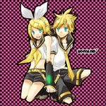  1girl blonde_hair blue_eyes brother_and_sister holding_hands kagamine_len kagamine_rin logicon lowres siblings twins vocaloid 