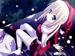  blonde_hair blue_eyes christmas copyright_request from_above hat looking_at_viewer ninozen santa_costume santa_hat scarf sitting snowing solo thighhighs white_legwear white_scarf 