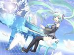  aqua_nails bird grand_piano green_hair hatsune_miku instrument k2pudding long_hair nail_polish piano piano_bench resized reversed sky solo thighhighs thighs twintails upscaled vocaloid 