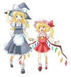  apron bad_id bad_pixiv_id blonde_hair blue_eyes bow fang flandre_scarlet hair_bow hand_on_headwear hat holding_hands kirisame_marisa large_bow long_hair mary_janes miya_(tsumazukanai) multiple_girls one_side_up open_mouth red_eyes shoes simple_background smile socks touhou walking white_legwear wings wrist_cuffs 