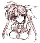  hagane_soushi hair_ribbon long_hair lyrical_nanoha magical_girl mahou_shoujo_lyrical_nanoha_strikers monochrome purple ribbon signature sketch solo takamachi_nanoha twintails 