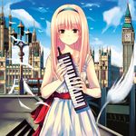  bad_id bad_pixiv_id bird blonde_hair building clock clock_tower copyright_request elizabeth_tower feathers green_eyes hairband instrument keyboard_(instrument) kitagawa_unagi landmark long_hair melodica solo tower westminster_palace 