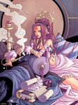  artist_request book breasts cleavage copyright_request facial_mark forehead_mark hookah long_hair medium_breasts midriff pipe purple_hair smoking solo 