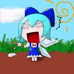  bad_anatomy blue_hair bow chibi cirno food ice_cream lowres ribbon solo touhou wings 
