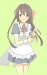  1girl blush brown_hair copyright_request hair_ribbon highres long_hair quill red_eyes ribbon solo waitress 