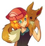  4chan artist_request blue_eyes dismay eevee fusion gen_1_pokemon haruka_(pokemon) hat hikari_(pokemon) kasumi_(pokemon) lowres orange_hair pokemon pokemon_(creature) simple_background smile white_background 
