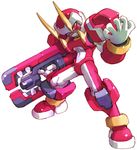  android clenched_teeth fafnir fighting_stance full_body gun holding holding_weapon horns legs_apart looking_at_viewer male_focus nakayama_tooru official_art red_eyes rockman rockman_zero simple_background solo standing teeth weapon white_background 