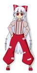  bad_id bad_pixiv_id bangs bow fujiwara_no_mokou full_body hair_bow hands_on_hips legs_apart long_hair long_sleeves puffy_pants red_eyes shoes smile solo standing suspenders touhou tsukune_(artist) very_long_hair white_background white_hair 