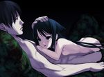  1boy 1girl afterglow black_hair breasts game_cg green_eyes hand_on_head long_hair looking_at_another lying lying_on_person nipples nude parted_lips sakisaka_fuminori saya saya_no_uta small_breasts smile 