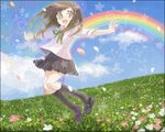  bad_id bad_pixiv_id brown_eyes brown_hair cloud copyright_request day flower happy inase long_hair petals rainbow school_uniform shoe_dangle skirt sky solo 