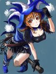  bad_id bad_pixiv_id beni-syoga blue_footwear boots broom broom_riding brown_hair copyright_request gloves hat long_hair orange_eyes sidesaddle simple_background smile solo witch 