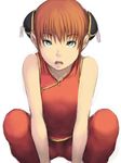  bare_shoulders blue_eyes brown_hair bun_cover china_dress chinese_clothes double_bun dress flat_chest fumio_(rsqkr) gintama kagura_(gintama) solo squatting 