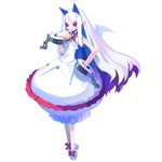  albino bat_wings black_sclera bubble_skirt cuffs demon_girl dress earrings hand_on_hip harada_takehito highres jewelry long_hair official_art phantom_kingdom pointy_ears pram red_eyes shackles shoes skirt smile solo white_hair wings 