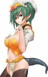  bad_id bad_pixiv_id breasts brown_eyes cleavage copyright_request green_hair large_breasts monster_girl pointy_ears pupps short_hair solo tail thighhighs 