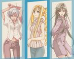  akira_ferrari alicia_florence amano_kozue aria athena_glory blonde_hair blue_eyes casual column_lineup green_hair long_hair midriff multiple_girls ponytail short_hair silver_hair wallpaper 