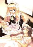  bed blonde_hair book braid brown_hair copyright_request glasses highres maid matsumoto_noriyuki multiple_girls sleeping 