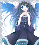  black_hair blue_eyes dress hands_clasped jewelry key koto_(colorcube) long_hair open_mouth original own_hands_together pendant petticoat smile solo veil wide_sleeves wings 