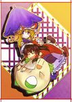  alternate_color bad_id bad_pixiv_id blonde_hair border brown_hair chansey closed_eyes crossover gen_1_pokemon hakurei_reimu kusanagi_kaoru multiple_girls pokemon pokemon_(creature) pokemon_(game) pokemon_rgby purple_eyes ribbon shiny_pokemon smile touhou umbrella yakumo_yukari 