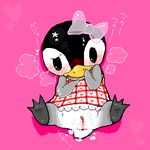  animal_crossing aurora aurora_(animal_crossing) bird blush bottomless bow clothing cub cum denmoko doubutsu_no_mori female furry lowres nintendo no_humans paws penguin pink_background plain_background pussy solo video_games young 