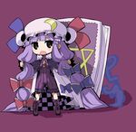  adapted_costume book boots bow breasts cape checkered cleavage crescent full_body hair_bow hat long_hair open_mouth patchouli_knowledge purple_background purple_eyes purple_hair ribbon simple_background small_breasts solo touhou very_long_hair yamane_masato 