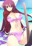  arm_support asu_no_yoichi bikini bikini_skirt black_legwear bokken breasts cameltoe cleavage front-tie_top groin ikaruga_ibuki kneehighs large_breasts leaning_back light_smile long_hair open_clothes open_shirt partially_submerged pink_bikini purple_eyes purple_hair ryuuta_(msxtr) shiny shiny_skin shirt side-tie_bikini sitting solo swimsuit sword very_long_hair water weapon wooden_sword 