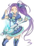  bad_id bad_pixiv_id blue_choker blue_legwear blue_skirt boots brooch choker cure_beat frills guitar hair_ornament hairpin instrument jewelry kurokawa_eren long_hair love_guitar_rod magical_girl minatsuki_randoseru one_eye_closed ponytail precure purple_hair seiren_(suite_precure) skirt smile solo suite_precure thigh_boots thighhighs white_background wrist_cuffs yellow_eyes zettai_ryouiki 