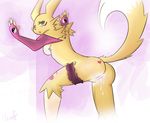  &hearts; against_wall anthro breasts canine cum digimon female fox green_eyes looking_at_viewer mammal nude one_eye_closed pinup pose pussy raised_tail renamon side_boob solo wooferwoof 