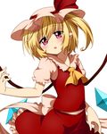  :o ascot blonde_hair blush crystal dress flandre_scarlet haiiro_(immature) hat hat_ribbon pink_eyes ribbon side_ponytail simple_background solo touhou white_background wings 