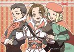  3girls ahoge armor assassin's_creed_(series) assassin's_creed_ii blonde_hair blue_eyes brown_hair cape crossed_arms ezio_auditore_da_firenze genderswap genderswap_(mtf) leonardo_da_vinci multiple_girls niccolo_di_bernardo_dei_machiavelli smile 