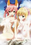  2girls animal_ears bath blonde_hair caster caster_(fate/extra) fate/extra fate_(series) fate_extra fox_ear fox_ears fox_tail green_eyes multiple_girls nipples pink_hair sabar saber_extra tail towel wet wet_towel yasuyuki yellow_eyes 