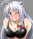 ahoge animal_ears black_bra blush bra braid breast_squeeze breasts cleavage covered_nipples dog_days fang jean-louis_(yuasa_rengou) large_breasts leonmitchelli_galette_des_rois lingerie lion_ears long_hair one_eye_closed simple_background single_braid solo underwear v_arms white_hair yellow_eyes 