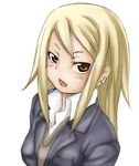  bad_id bad_pixiv_id blazer blonde_hair brown_eyes earrings hosoi_kouzou jacket jewelry long_hair looking_at_viewer older onanie_master_kurosawa open_mouth simple_background solo sugawa_maiko upper_body white_background 