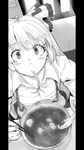  aya_shachou blush bow bowl caught chopsticks eating egg eyelashes face food from_above fujiwara_no_mokou greyscale hair_bow long_hair looking_at_viewer looking_up monochrome mouth_hold noodles pillarboxed ramen slit_pupils solo spoon steam suspenders touhou very_long_hair 