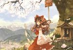  ascot bare_shoulders bow brown_eyes brown_hair cherry_blossoms cosmic_(crownclowncosmic) detached_sleeves flower gohei hair_bow hair_tubes hakurei_reimu hill leaf looking_back one_eye_closed petals ponytail road_sign shide shirt shrine sign skirt smile solo touhou tree wavy_hair wide_sleeves 