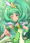  choker cure_march eyelashes gem green green_background green_choker green_eyes green_hair green_skirt magical_girl midorikawa_nao muuten one_eye_closed ponytail precure skirt smile smile_precure! solo 