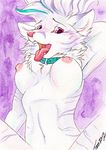  anthro breasts canine collar female fox fur looking_at_viewer mammal nipples nude solo tassy tongue tongue_out white_fur 