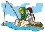  brown_hair cloud clouds fishing flower hair_flower hair_ornament link link&#039;s_awakening link's_awakening marin_(legend_of_zelda) marin_(the_legend_of_zelda) nintendo okra_(artist) sky the_legend_of_zelda the_legend_of_zelda:_link's_awakening 