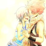  1boy 1girl bare_shoulders breasts fairy_tail lisanna lisanna_strauss natsu_dragneel open_mouth pink_hair scarf simple_background teeth vest white_hair 