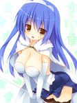  blue_hair blush breasts brown_eyes cleavage elbow_gloves gloves kujou_ria long_hair medium_breasts panties skirt solo thighhighs twinkle_crusaders underwear white_panties wind wind_lift yuku_(kiollion) 